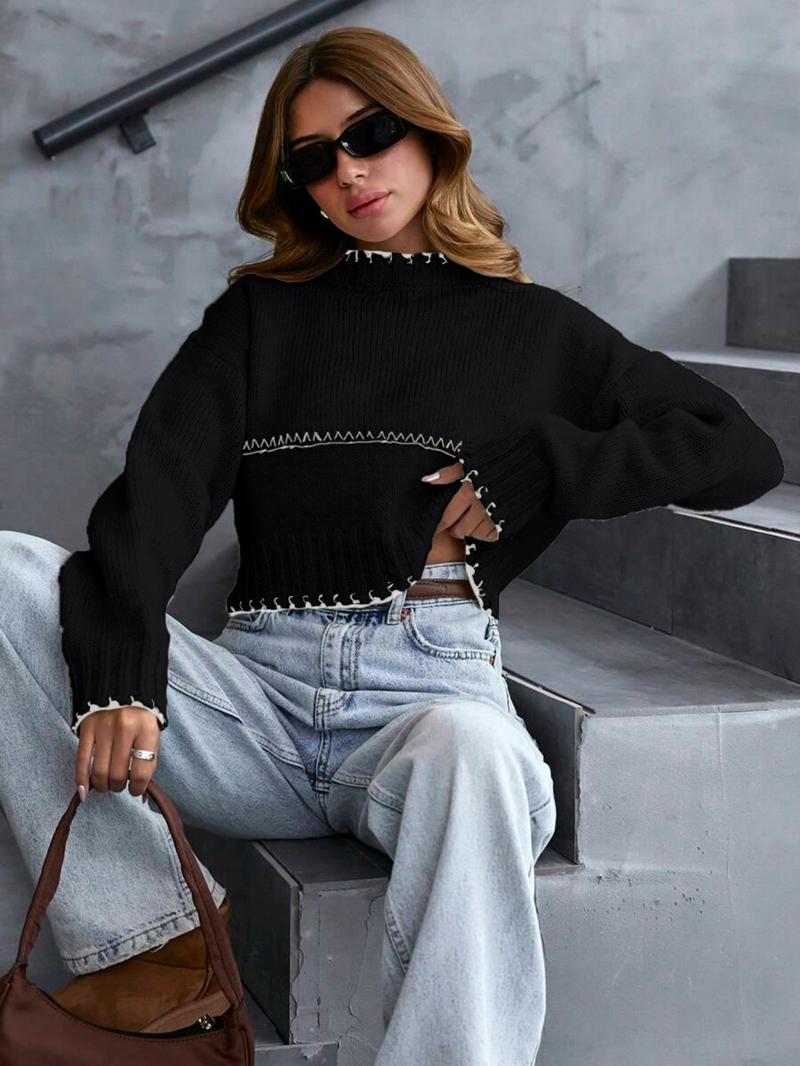 Women's Casual Colorblock Round Neck Drop Shoulder Long Sleeve Short Sweater Knitwear, Elegant Geometric Pattern, Spring & Fall Fashion