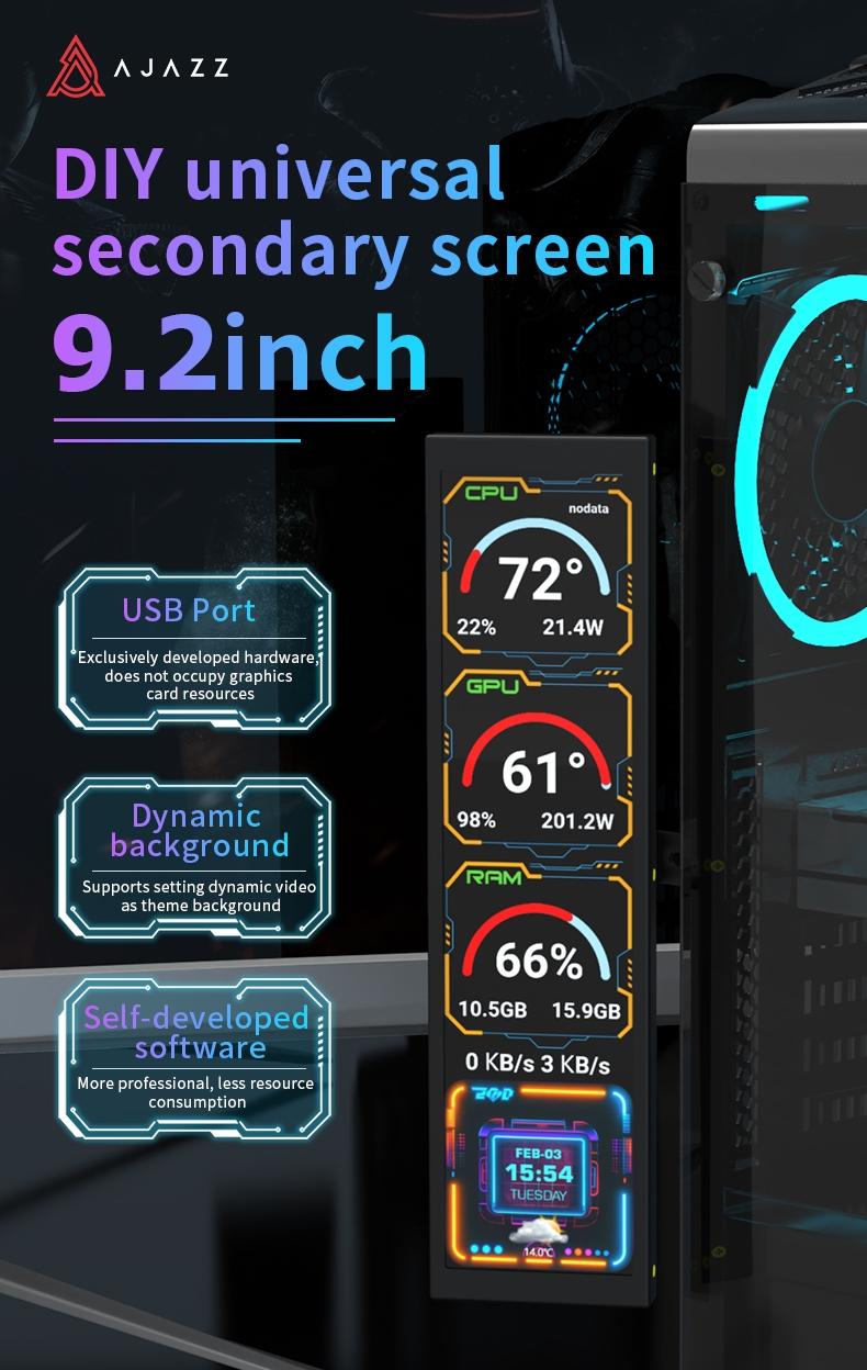 Ajazz Akp02 Desktop Secondary Screen, 9.2 Inch DIY Universal Monitor, Supports Dynamic Background, 178° Full View Angle, One-Click Operation