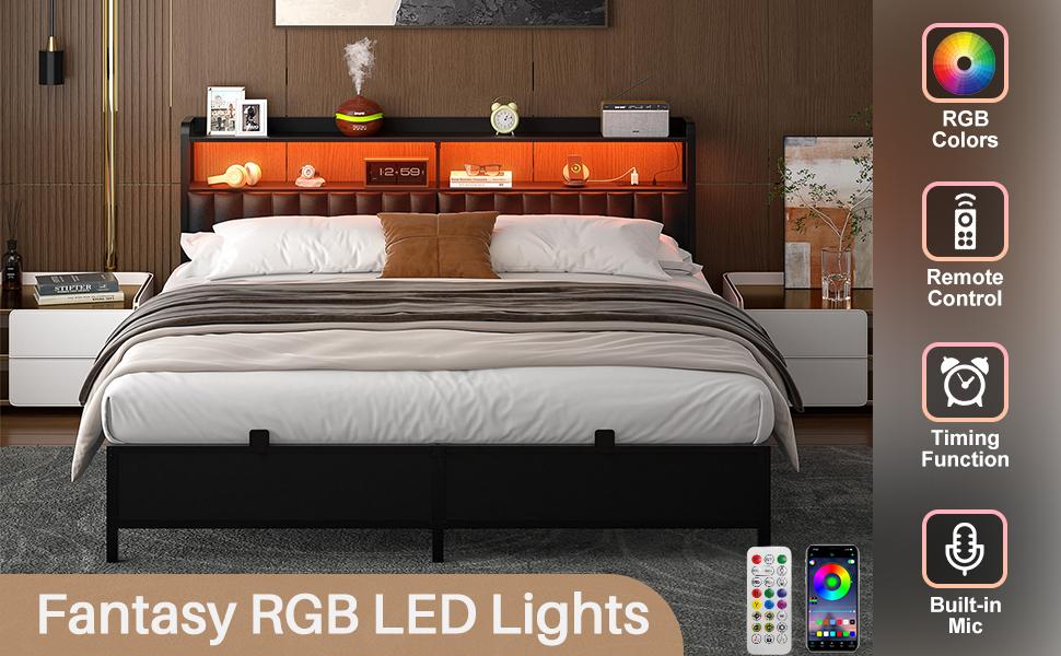 Bed Frame with Adjustable Upholstered Leather Headboard ＆ Charging Station ＆ LED Lights,Steel Slat Support,Modern Bedroom Apartment Interior Furniture Outdoorfun