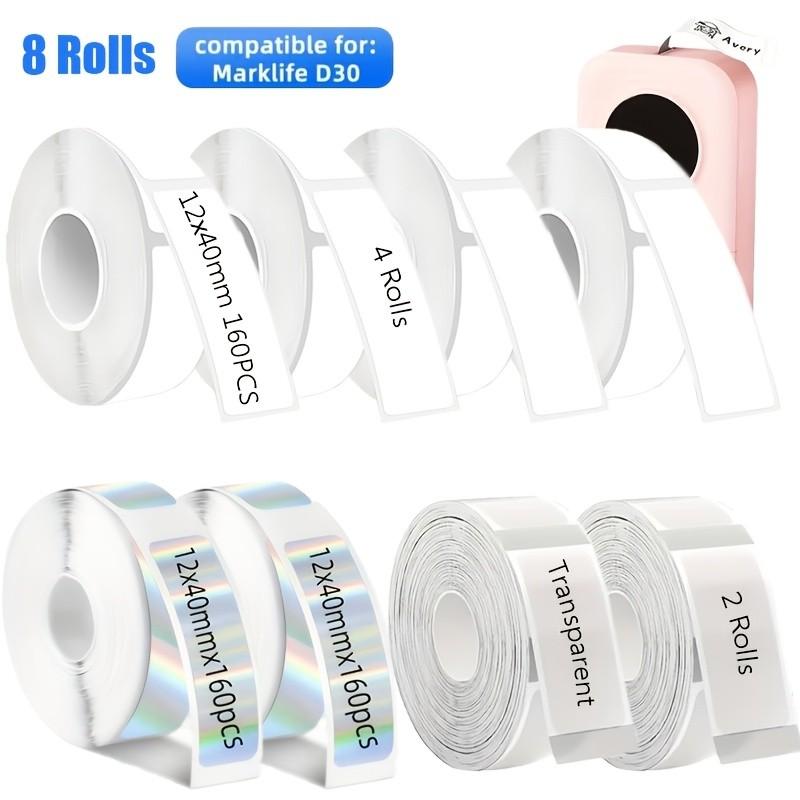 8 rolls of thermal label set (laser, transparent, white combo) D30 thermal labels D30 label tape 12*40mm white adhesive label paper suitable for P15 D35 label tape P11 tape HP4 labels 160 pieces/roll Christmas gift labels