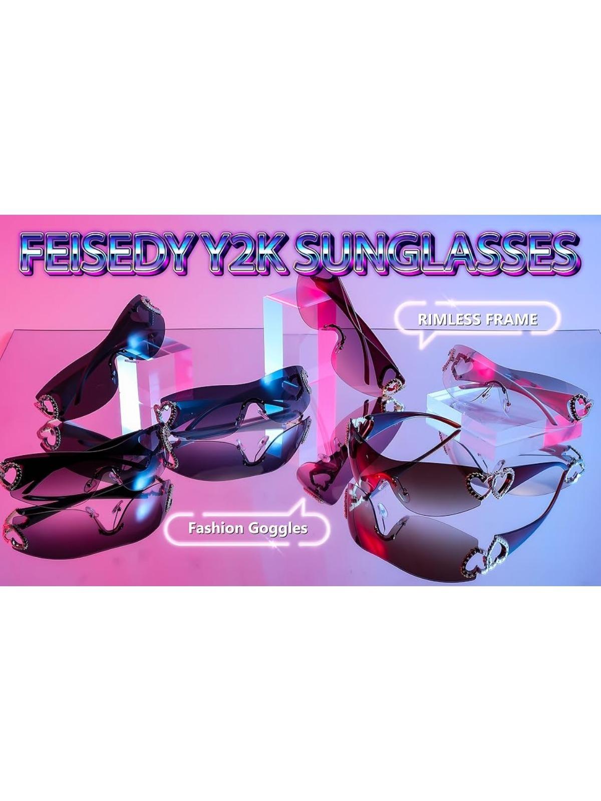 FEISEDY Rimless Y2K Sunglasses Heart for Women Men Fashion Futuristic Wrap Around Oversized Trendy Shield B2981