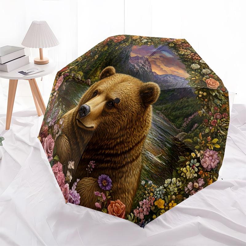 1 PC Automatic Folding Umbrella - Nature's Majesty: A Bear Amidst Flowers Pattern, Portable & Foldable Design with 8 Ribs, Merry Christmas Pattern,Casual Outdoor Accessory Halloween and Christmas Birthday Gifts. G0022