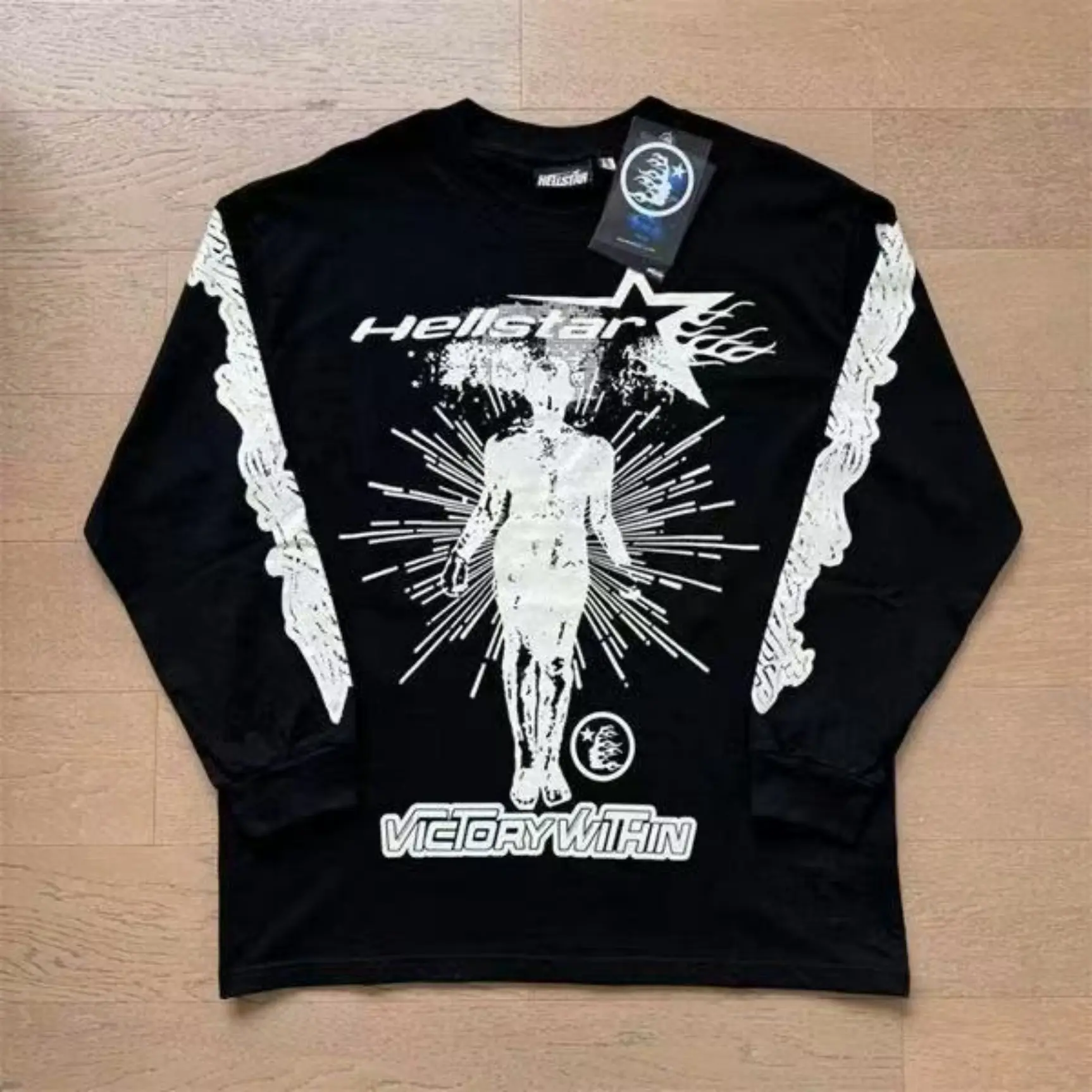 HELLSTAR Victory Within Graphic Long Sleeve Tee Black 100% Heavyweight Cotton Retro Graphic Menswear Fall Outfit Oversized Drop Shoulder Alternative Streetwear Y2K Vintage Wash Crewneck Top Trendy Grunge