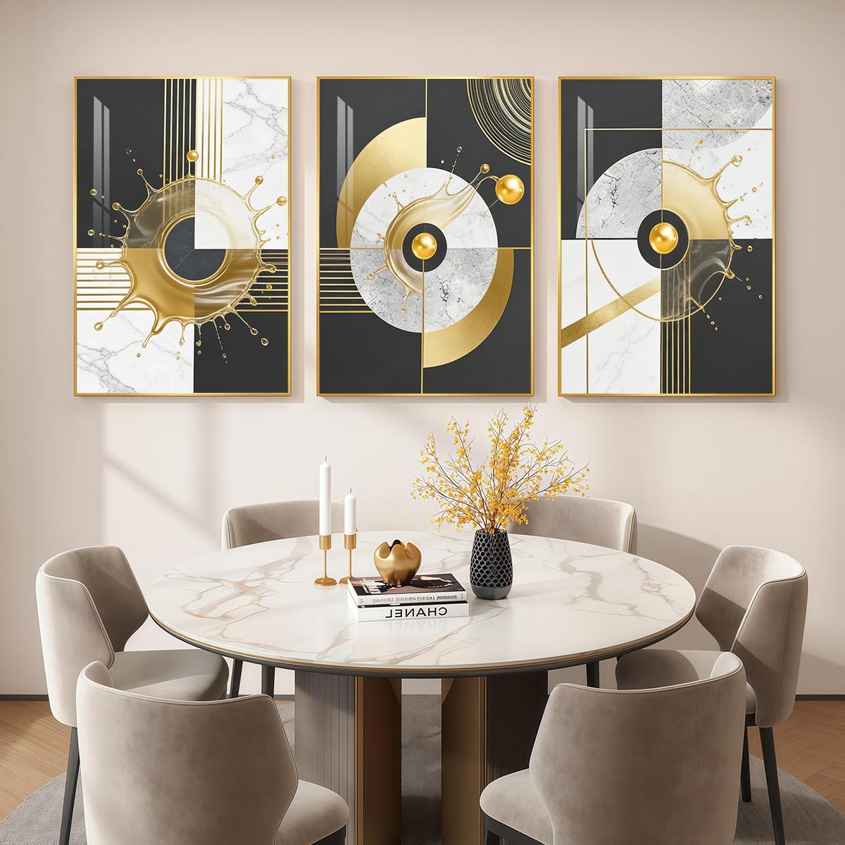 3 Counts Aluminum Alloy Framed Painting, Abstract Golden Splash Geometric Art Pictures, Home Decoration For Living Room, Bedroom, Office, Restaurant, Hallway Wall Decor, Odorless Print Artwork, Luxury Perfect Gift For Friends And Family