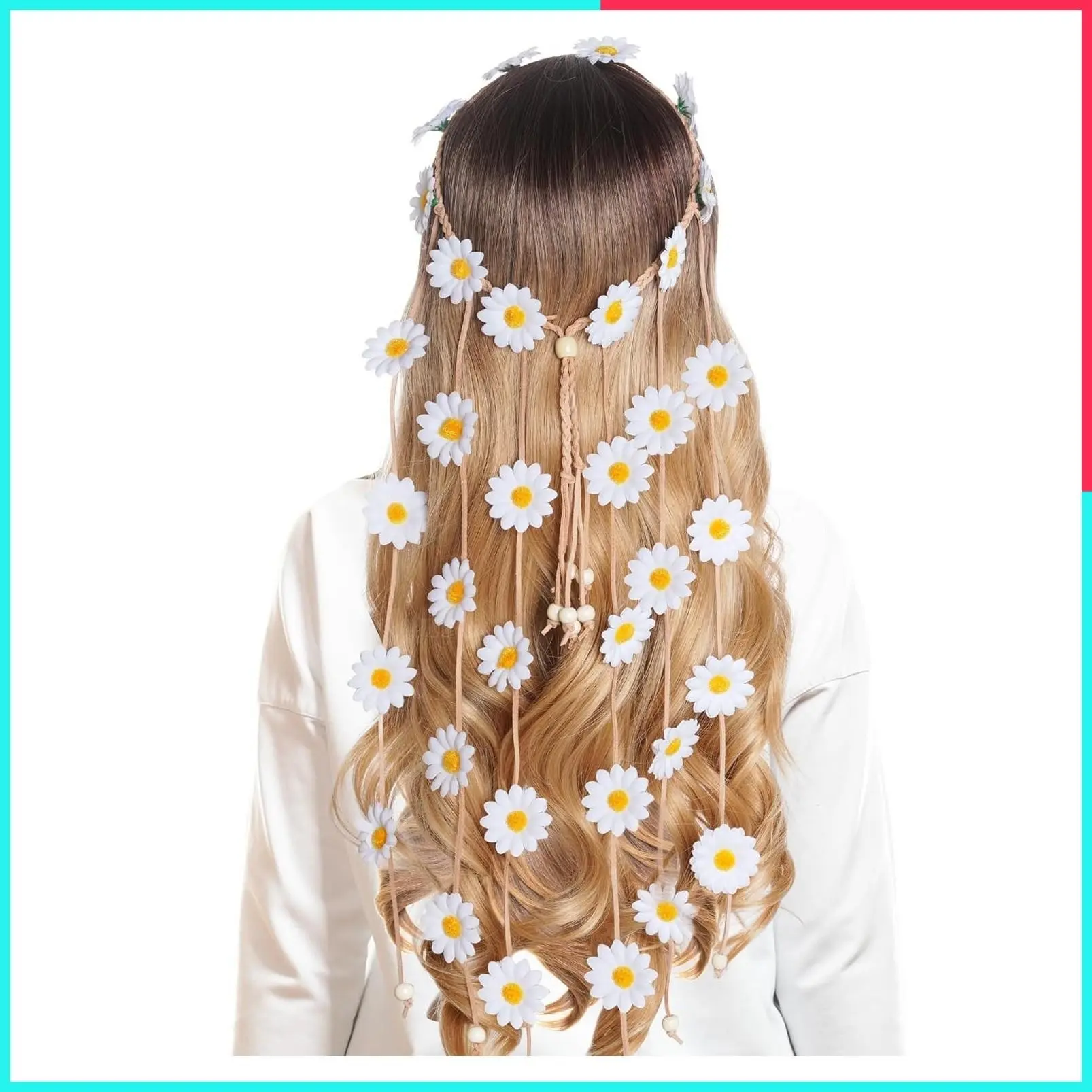 White Sunflower Floral Crown Headband for Women, 70s Bohemian Hippie Summer Hair Accessories