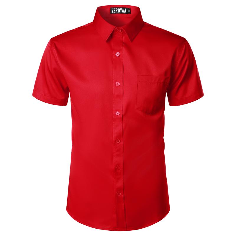 ZEROYAA Men's Urban Casual Stylish Slim Fit Short Sleeve Button Up Dress Shirt with Pocket Top Fabric summer outfits men Menswear Beige summer outfits men button shirt Plain Purple