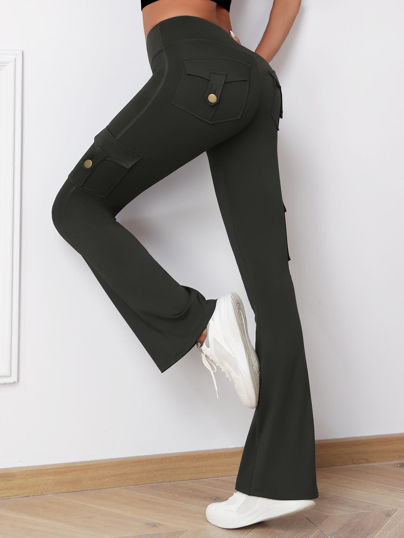 Women's High-Waisted Sporty Yoga Flare Pants, Tight-Fitting All-Season Activewear, Moisture-Wicking Breathable Fabric, Side Pockets & Button Design, Black Pants, Activewear Bottoms