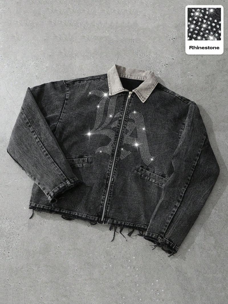 Dark Denim Jacket with Diamonds and 'la' Logo, Vintage Corduroy Collar and Frayed Design, Stylish Zippered Fit for Casual Outings Dark Denim Jacket with Diamonds and 'la' Logo, Vintage Corduroy Collar and Frayed Design, Stylish Zippered Fit for Casual Outings