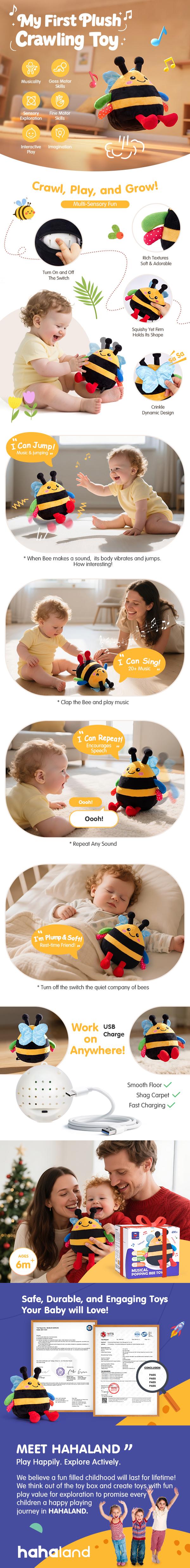 hahaland Baby Toy for 6-12 Months – Crawling Musical Dancing Bouncing Learning Bee Plush, Interactive Tummy Time Toy for 1 2 3 Year Old Boys Girls Birthday/Valentine's Day/Pet/Easter Gifts