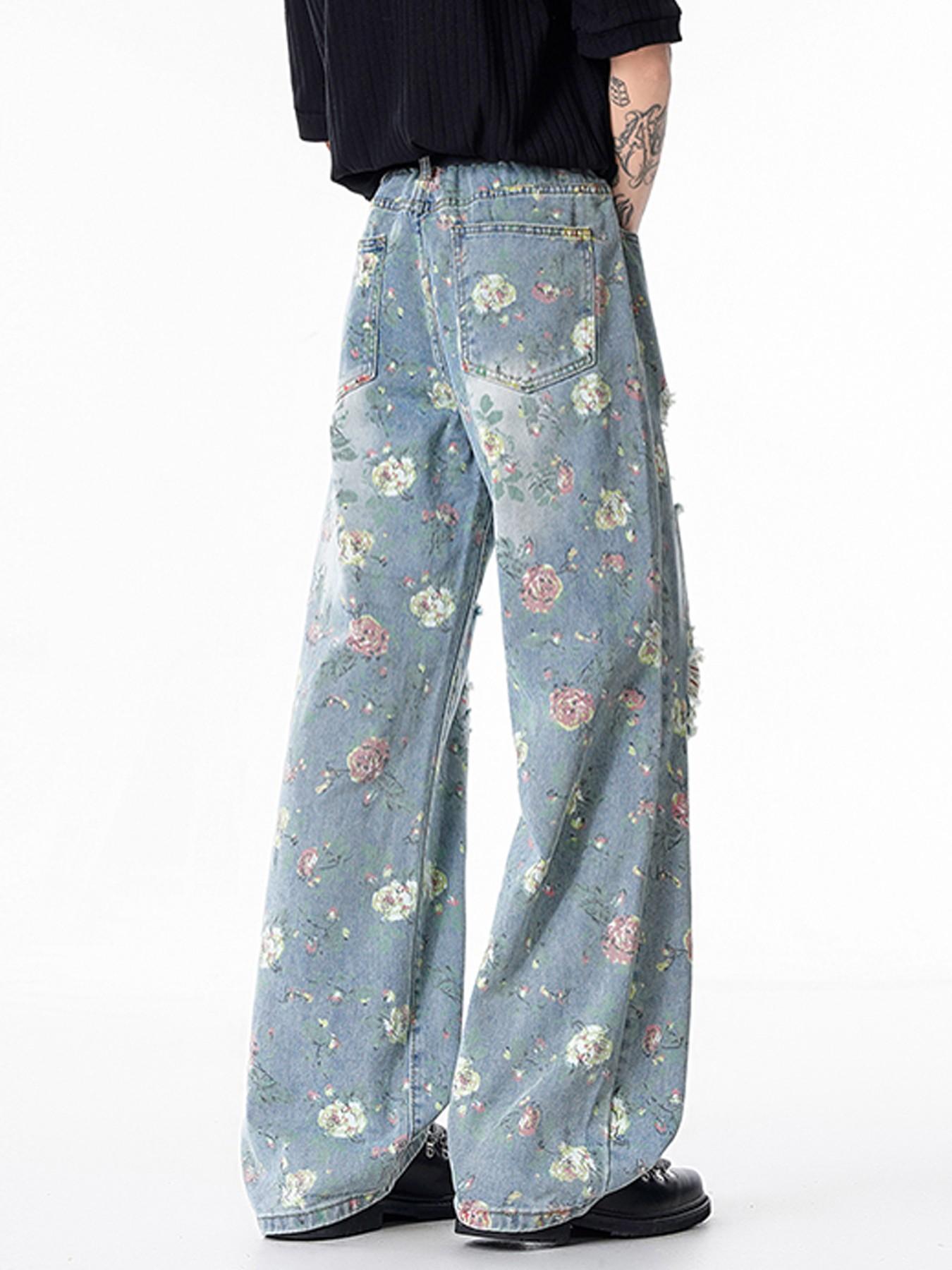 Men’s Light Blue Floral Print Baggy Jeans with Distressed Ripped Details, Wide Leg Y2K Streetwear Denim Pants