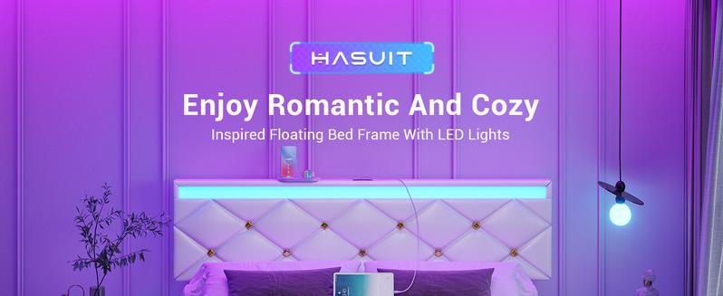 Hasuit Floating Bed Frame Queen Size with LED Lights and Charging Station, Modern Queen Platform Bed with Vegan Leather Upholstered Headboard, No Box Spring Needed, Noise Free, Easy to Assemble