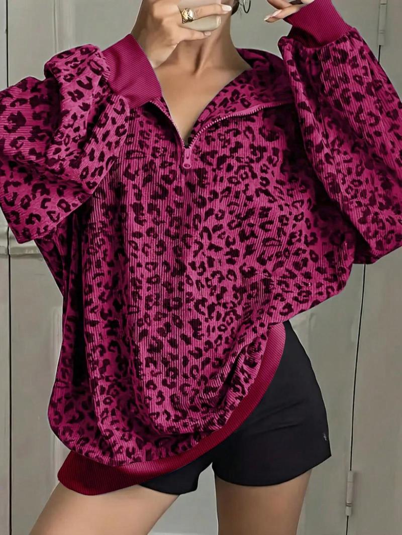 Plus Women Leopard Print Long Sleeve Casual Sweatshirt – Half-Zip V-Neck & Puff Sleeves Design, Perfect for Y2K Grunge or Casual Lazy Vibes, Soft Knit Fabric with Contrast Trim