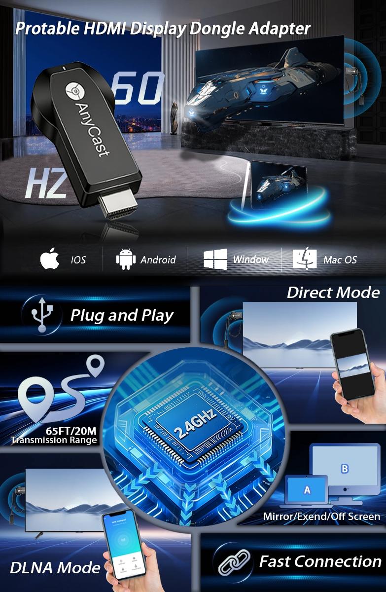 Wireless HDMI Display Adapter,Wireless HDMI Transmitter and Receiver,2.4G WiFi Screen Cast Mirroring,Streaming Media for YouTube Tiktok to TV/DV/PC/Projector/Monitor