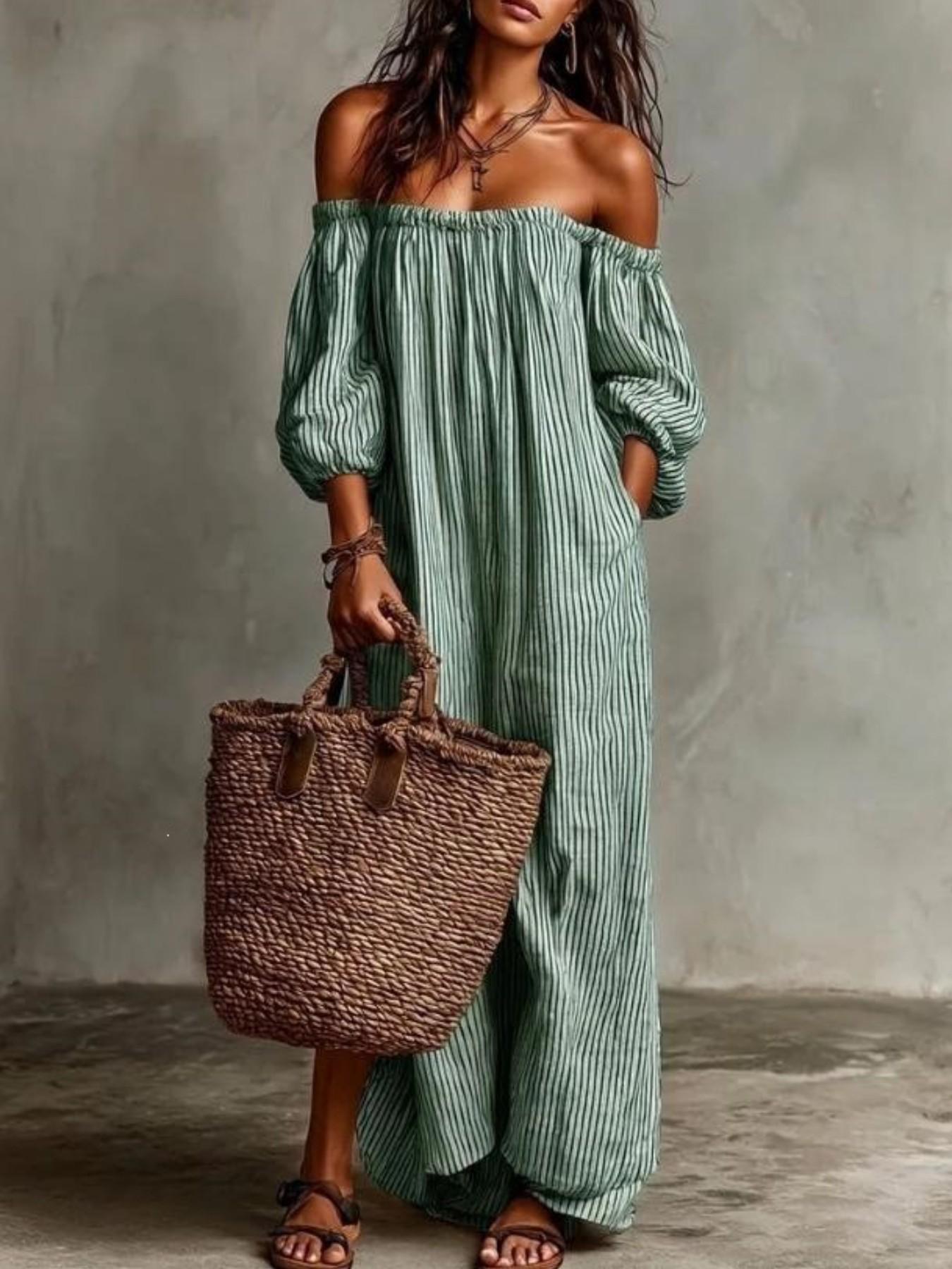 Women's Vintage Striped One-Shoulder Long Dress, Loose Fit Slimming Bubble Sleeve Off-The-Shoulder Dress, Beach Vacation Style Summer