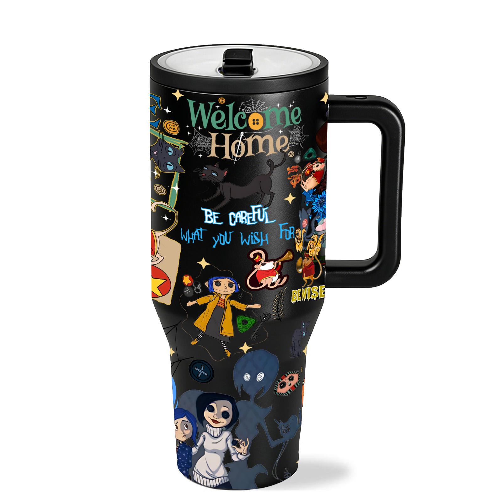 1 Pc 40ozYellow Raincoat Girl Insulated Tumbler With Handle And Lid, Cute Dark Fantasy Cartoon Design, Double Wall Stainless Steel Travel Mug For Hot Cold Drinks, Leak Proof Large Capacity Cup, Aesthetic Gift For Fans, Home Office Daily Use