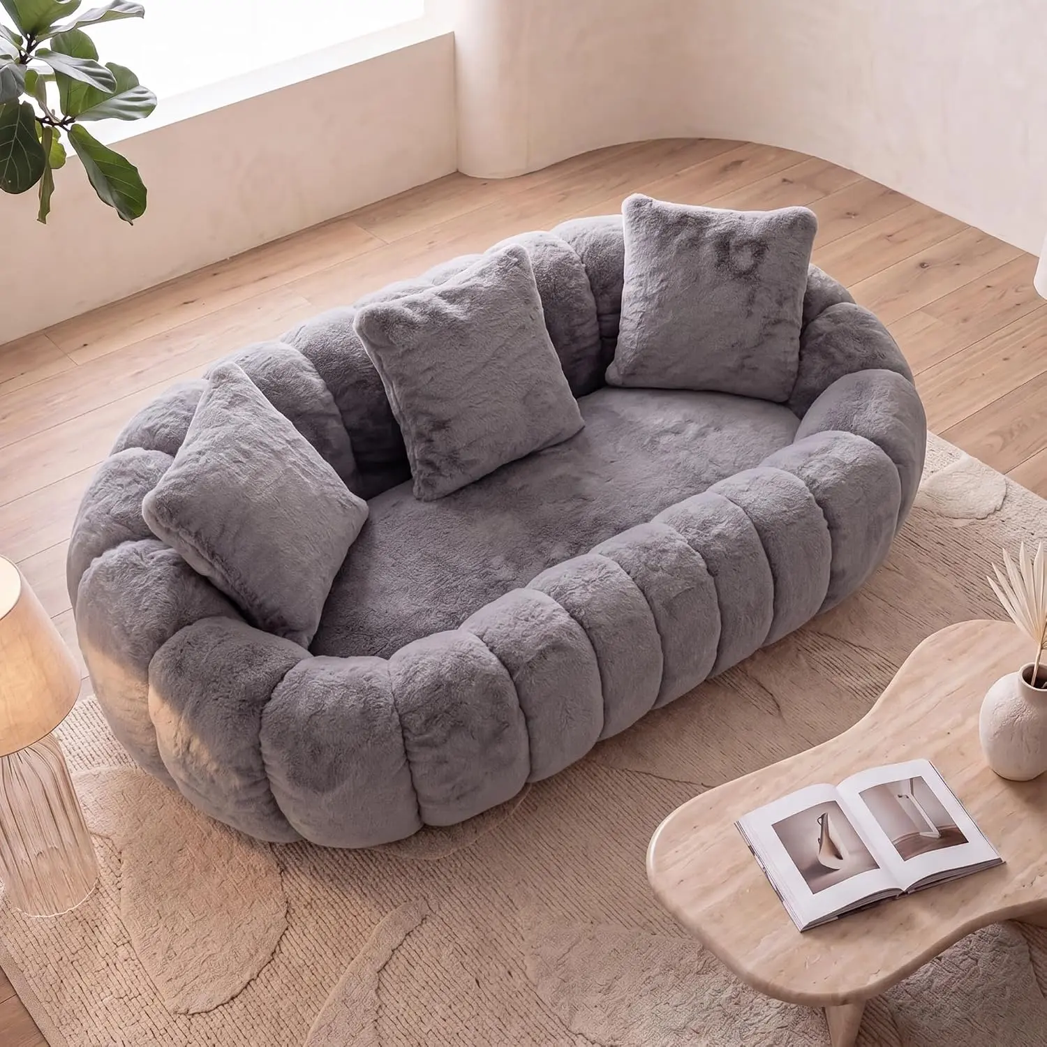 75.5" Boneless Cloud Couch, Lazy Floor Sofa, Puff Oversized Loveseat, Gray | No Assembly, Faux Rabbit Plush, Pumpkin Shaped Marshmallow Sofa, 28.5" Deep Seat, for Pets, Living Room, Balcony, 3 Pillows