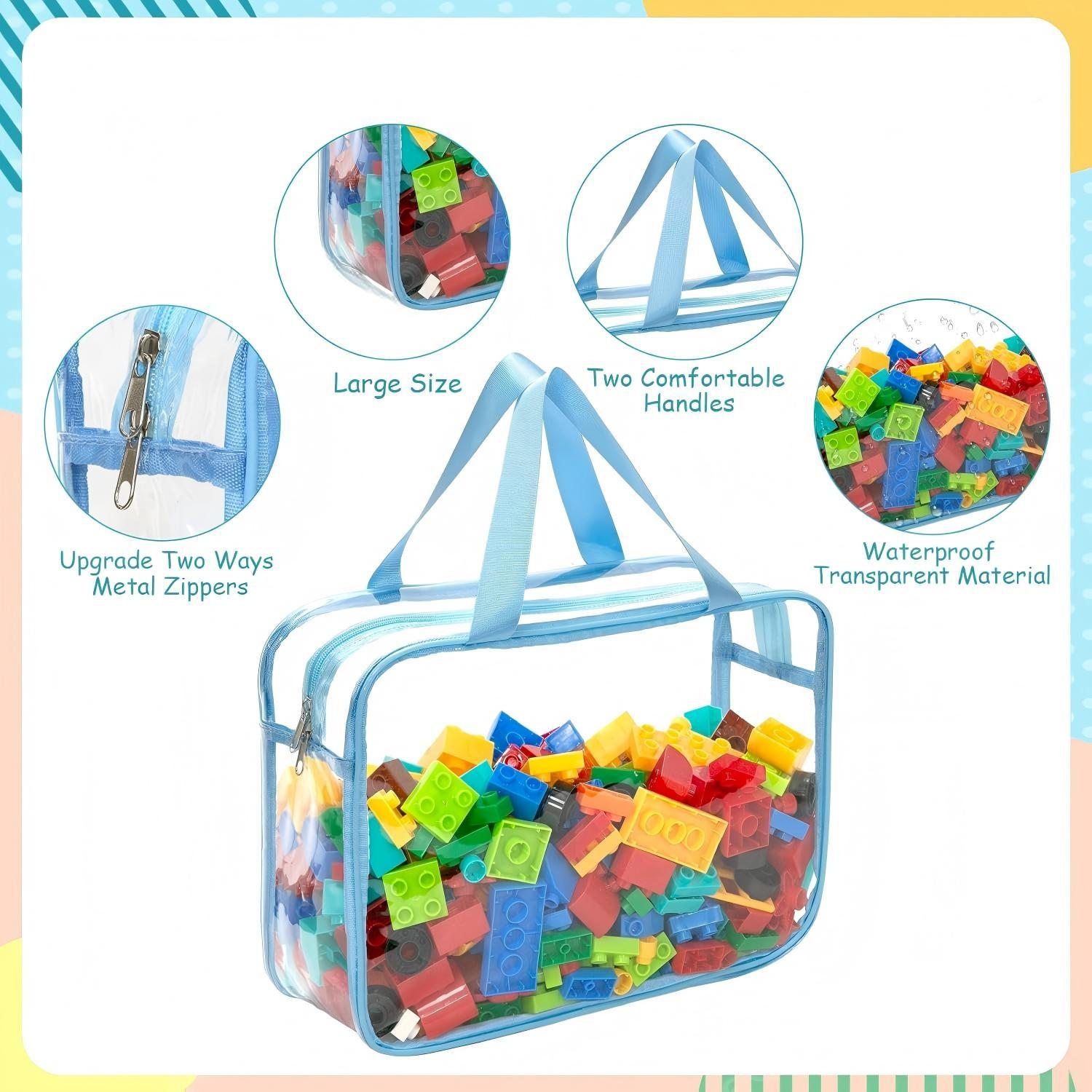 Toy Storage Bags Reusable Clear PVC, Travel Waterproof Organizer Bags with Zipper, Ideal for Building Blocks Puzzles Kids Books