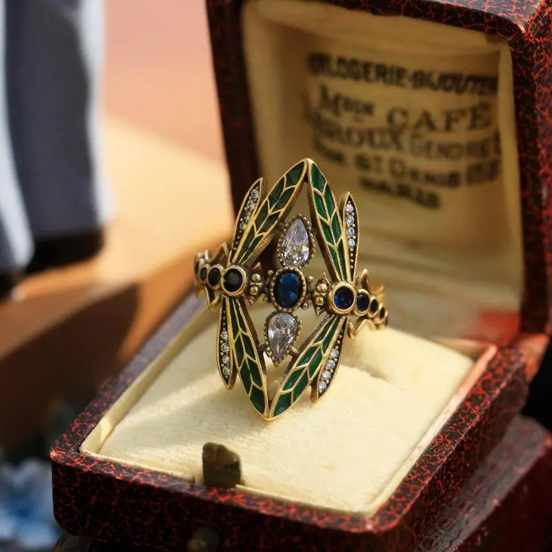 Gorgeous Vintage Insect Dragonfly Ring for Men Women Blue Cubic Synthetic Zirconia Party Jewelry Christmas Anniversary Gift