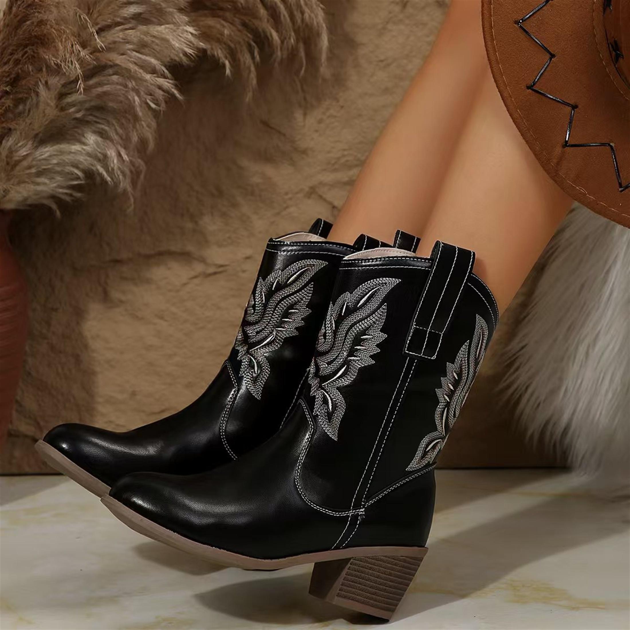 Cowboy Boots for Women, Mid Calf Cowgirl Boots with Embroidery Round Toe Western Chunky Low Heel Shoes Cowboy Boots for Women, Mid Calf Cowgirl Boots with Embroidery Round Toe Western Chunky Low Heel Shoes