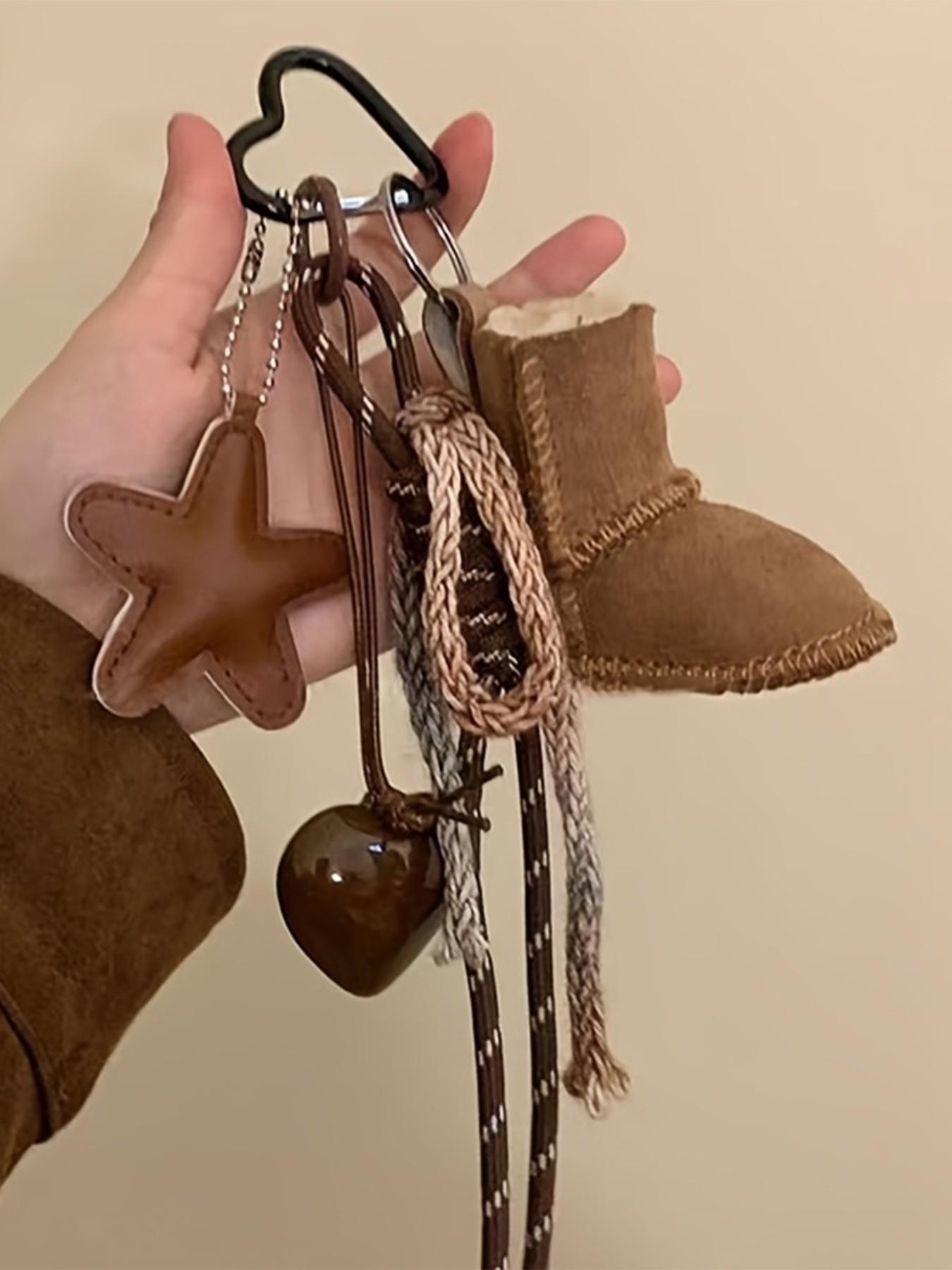 Fashion Star and Heart Keychain, Braided Rope Bag Accessory, Handbag Charm, Holiday Gift, Cute Style, All Seasons