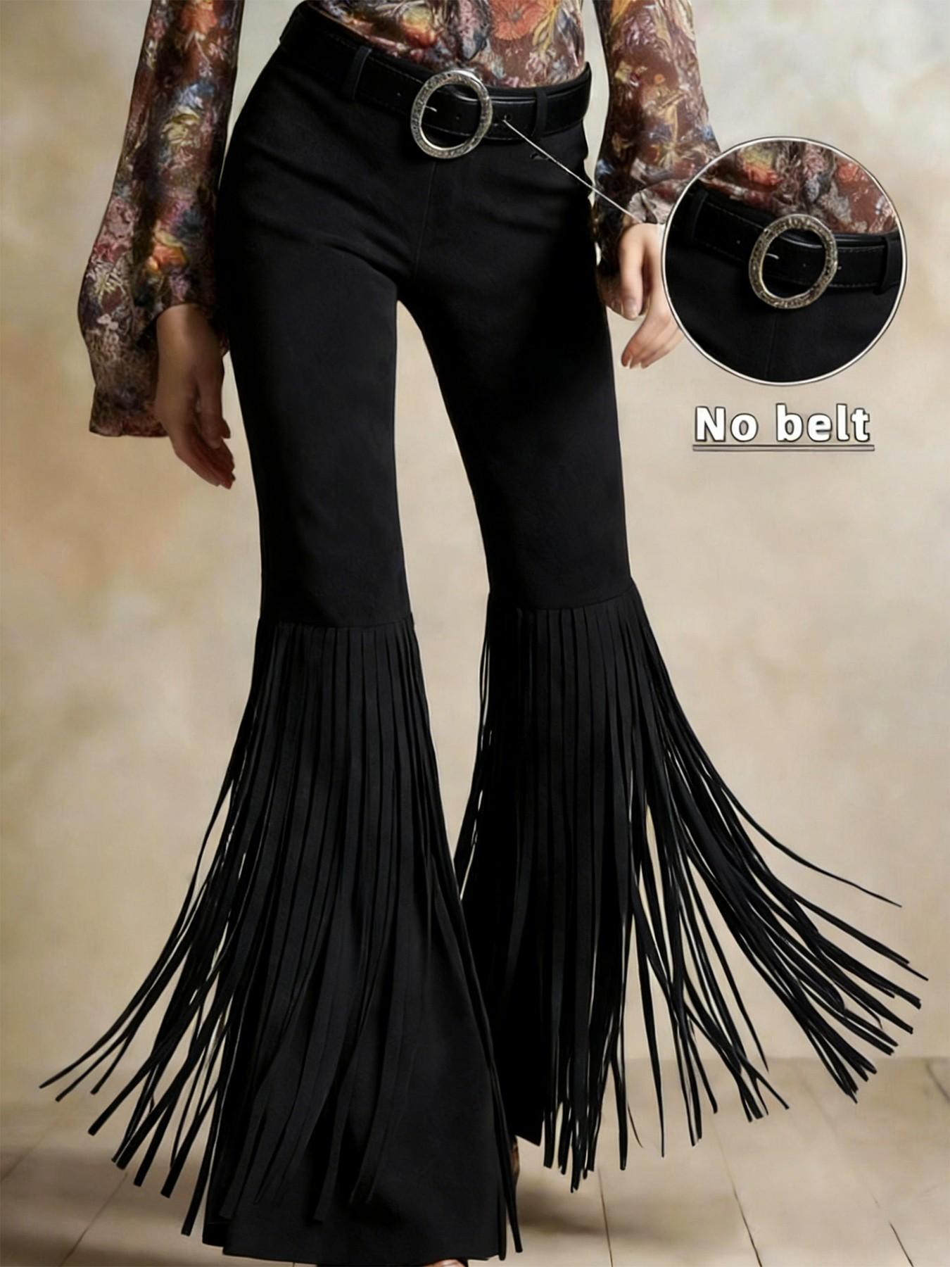 Women's High Waist Fringe Flare Pants, Retro Western Bell Bottom Trousers, Bohemian Casual Outfit, Ladies Fashion Pants, Womenswear, Vintage Fringe Pants for Party & Daily Wear