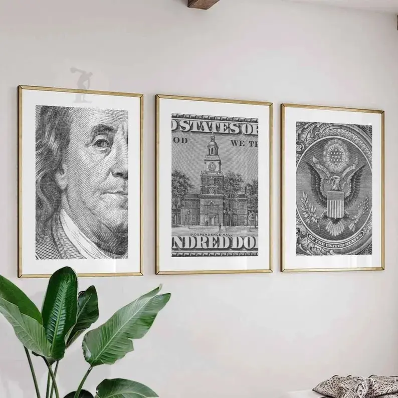 3-Piece Vintage Currency Wall Art Set, Black and White Historic Portrait and Architecture Posters for Living Room, Office, Study or Classic American Decor