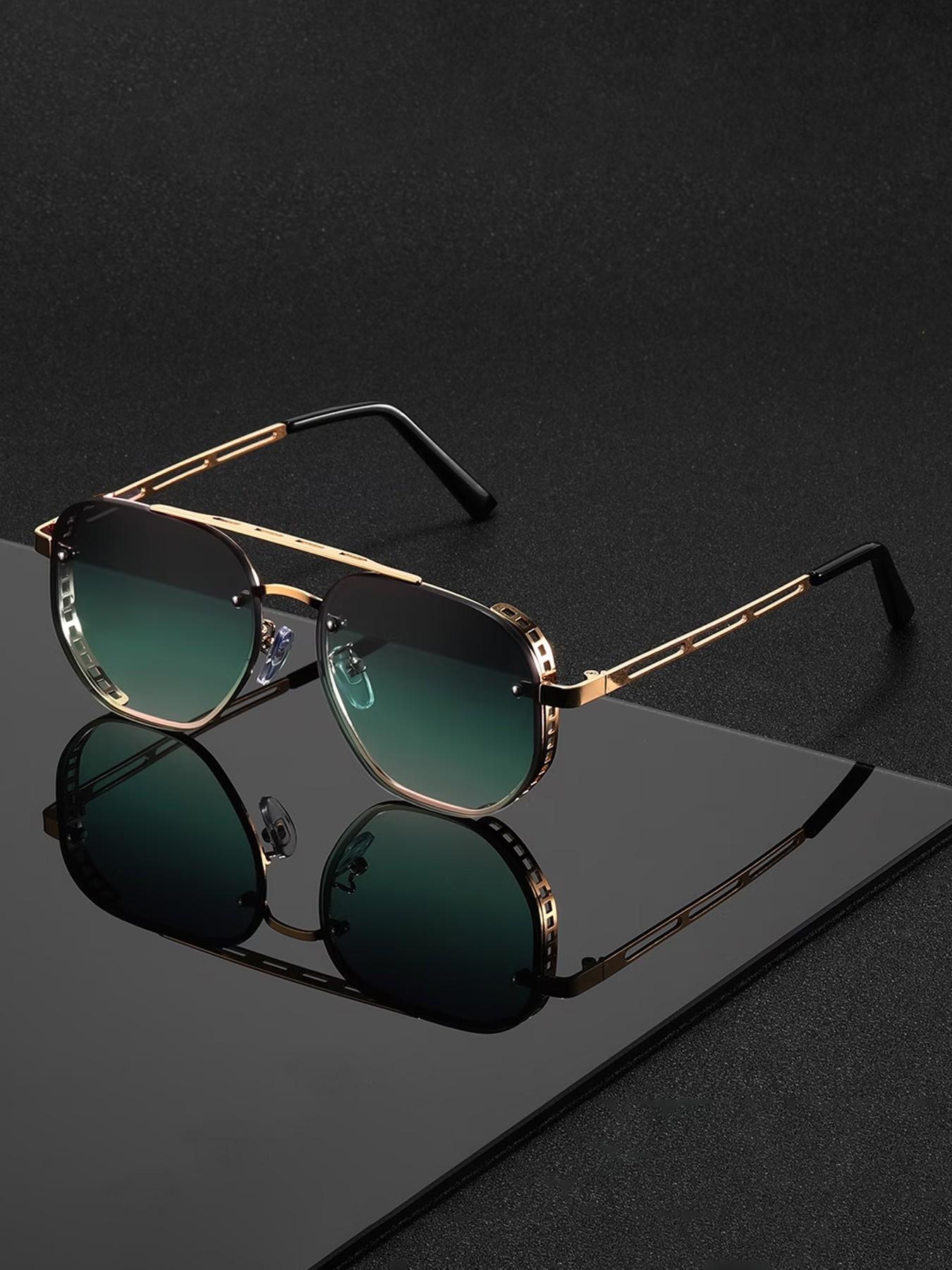 Alloy Double Bridge Decorative Glasses, Square Frame Design, Dark PC Lenses, Metal Finish, Bold Style for Parties, Fashionable Wear