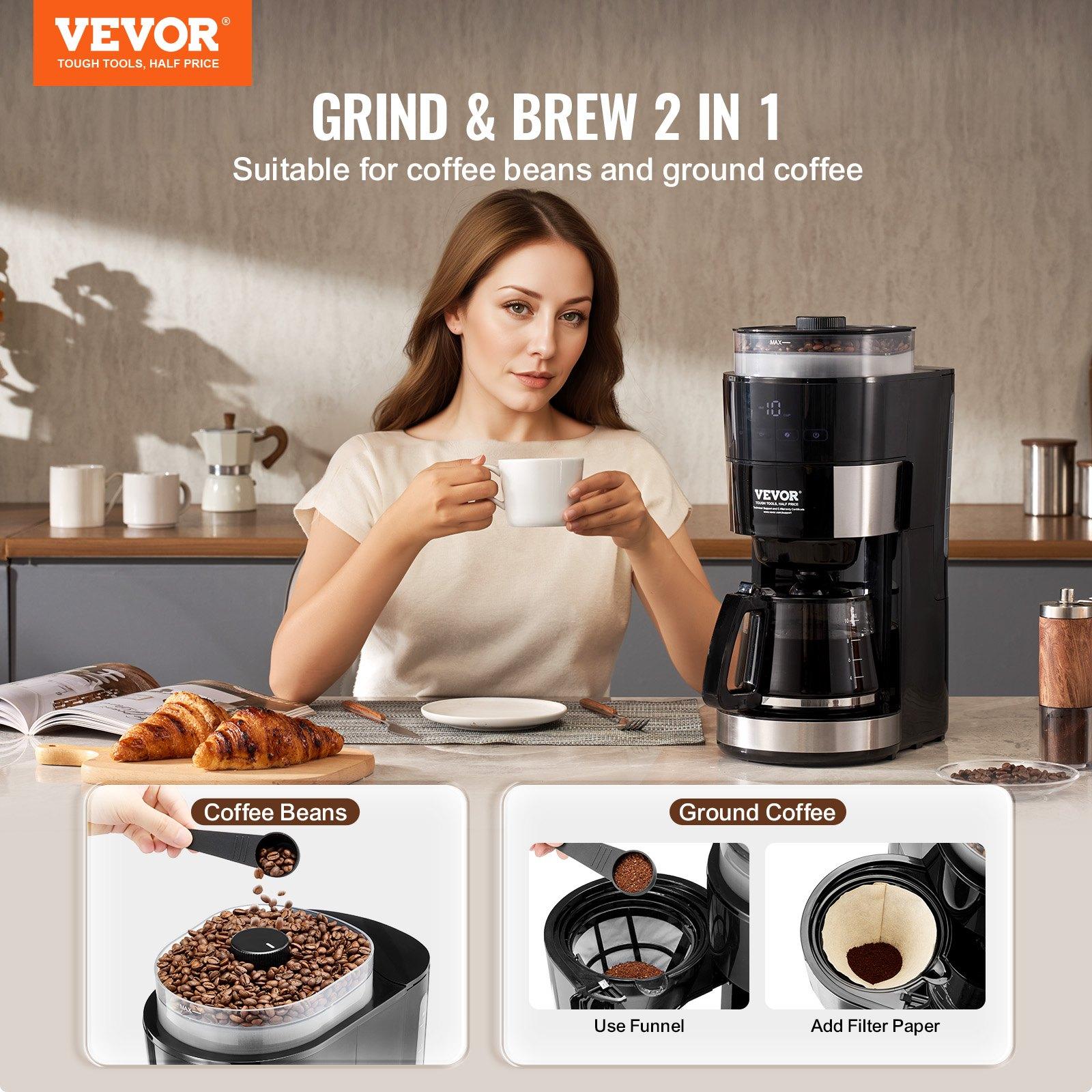 VEVOR Coffee Maker with Grinder, 10 Cup Coffee Machine, Grind and Brew Coffee Maker with 3 Brew Strength Control, Drip Coffee Maker with Adjustable Grinding Coarseness, for Home Office Restaurant VEVOR Coffee Maker with Grinder, 10 Cup Coffee Machine, Grind and Brew Coffee Maker with 3 Brew Strength Control, Drip Coffee Maker with Adjustable Grinding Coarseness, for Home Office Restaurant