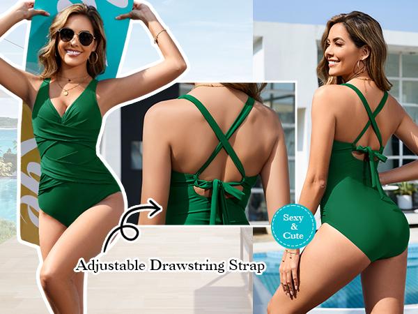 UMIPUBO Womens Tummy Control Swimsuits One Piece Bathing Suit Front Cross Tie Back Slimming Ruched Push Up Padded Swimwear