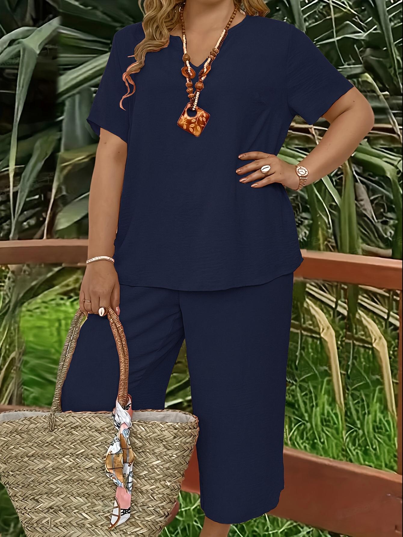 Elegant Plus Size Women's Solid Color Short Sleeve Fashion Top & Casual Wide Leg Pants Set, Summer, Comfortable & Stylish Elegant Plus Size Women's Solid Color Short Sleeve Fashion Top & Casual Wide Leg Pants Set, Summer, Comfortable & Stylish