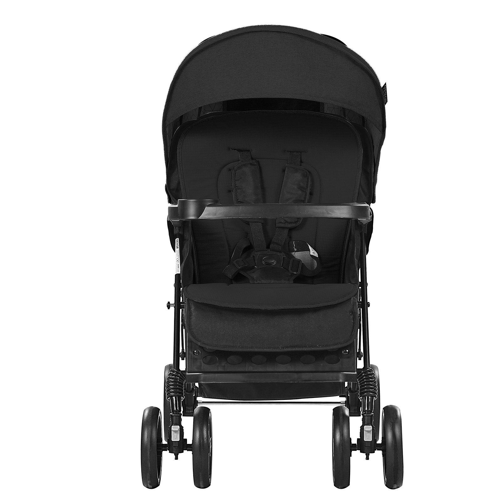 VEVOR Lightweight Foldable Tandem Double Stroller with Tandem Seating, Adjustable Backrest, Adjustable Footrest, Wrap Harness, Storage Tray, Storage Basket, Push Handle, for Newborns (Newborn Baby Stuff), Outdoor Walks (Black)