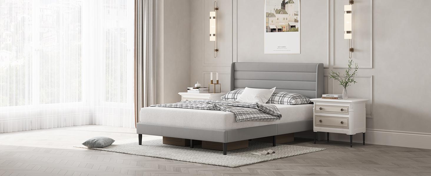 CollaredEagleQueen Bed Frame with Upholstered Headboard, Velvet Platform Bedframe Mattress Foundation, Strong Wood Slat Support, No Box Spring Needed, Easy Assembly, Pale Beige