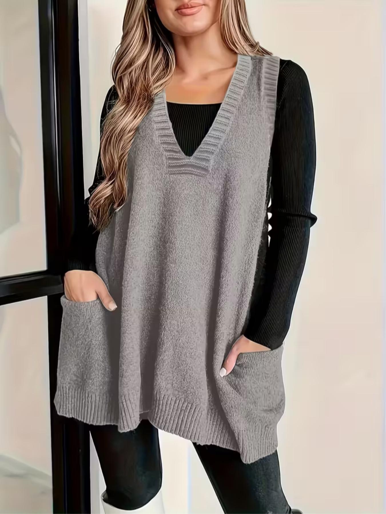 Plus Size Solid Color V Neck Sweater Vest, Casual Basic Sleeveless Knit Top for Daily Wear, Women's Plus Clothing Fit for All Seasons