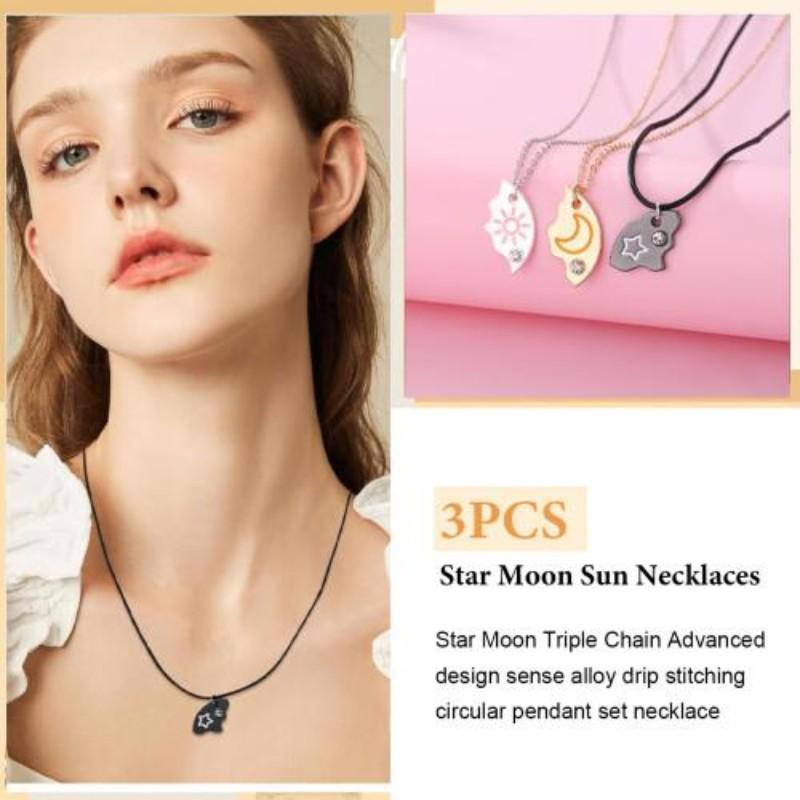 Star Moon Sun Magnetic Necklace Set, Alloy Material, Three-Piece Designf, Best Friends & Girlfriends Friendship Jewelry, Model 202604
