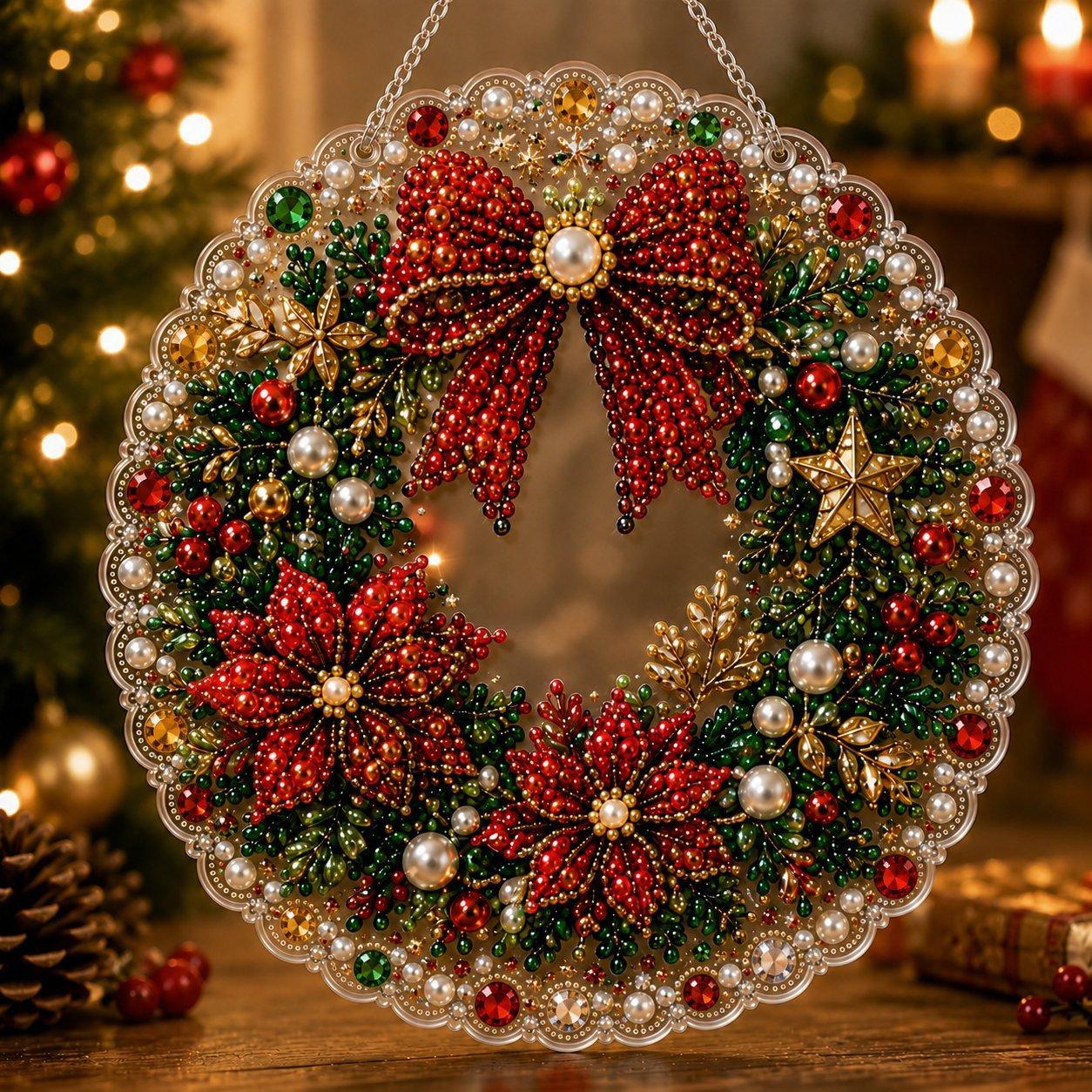 Christmas Pearl Diamond Painting Kit, Handmade, 10 Inch, Pre-Assembled Metal Chain, Acrylic Round Board with Lace Edge, 3D Pearls, Holiday Decor