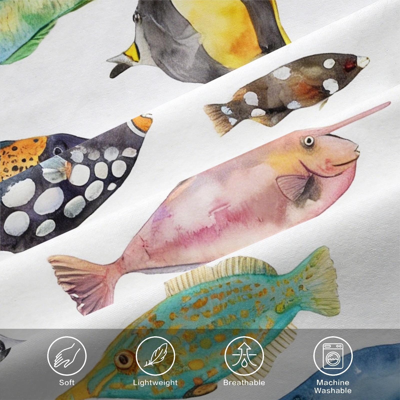 Watercolor Tropical Fish Bedding Set, Ocean Life Coral Fish Print Bed Sheets, Includes 2 Coreless Pillowcases, Breathable Durable Decorative Kit
