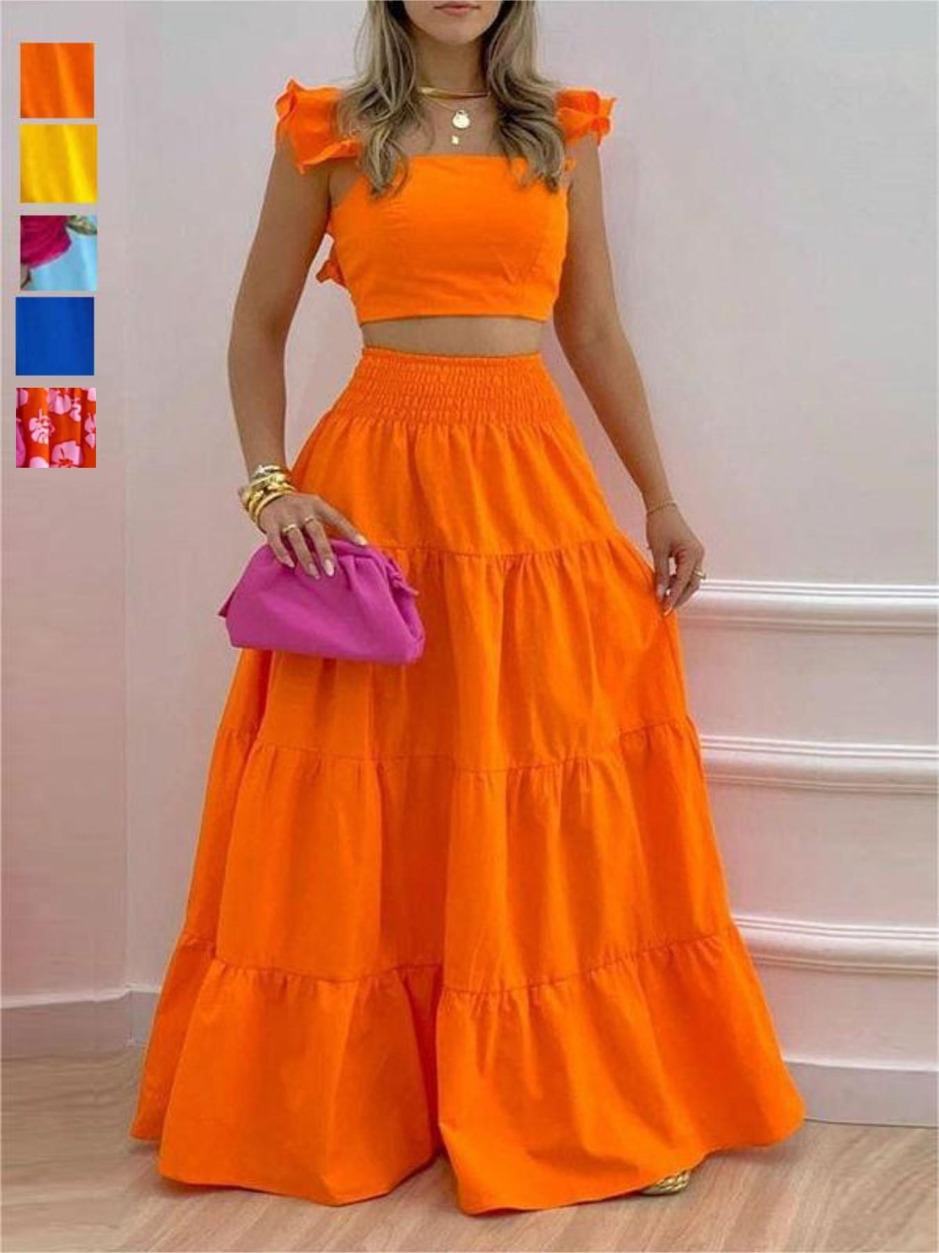 Sexy Vacation, Perfect for Daily Wear, Party Dress, Sleeveless Strap Top Ruffles Skirt Set, Elegant, Chic and Stylish, Ideal for Special Occasions