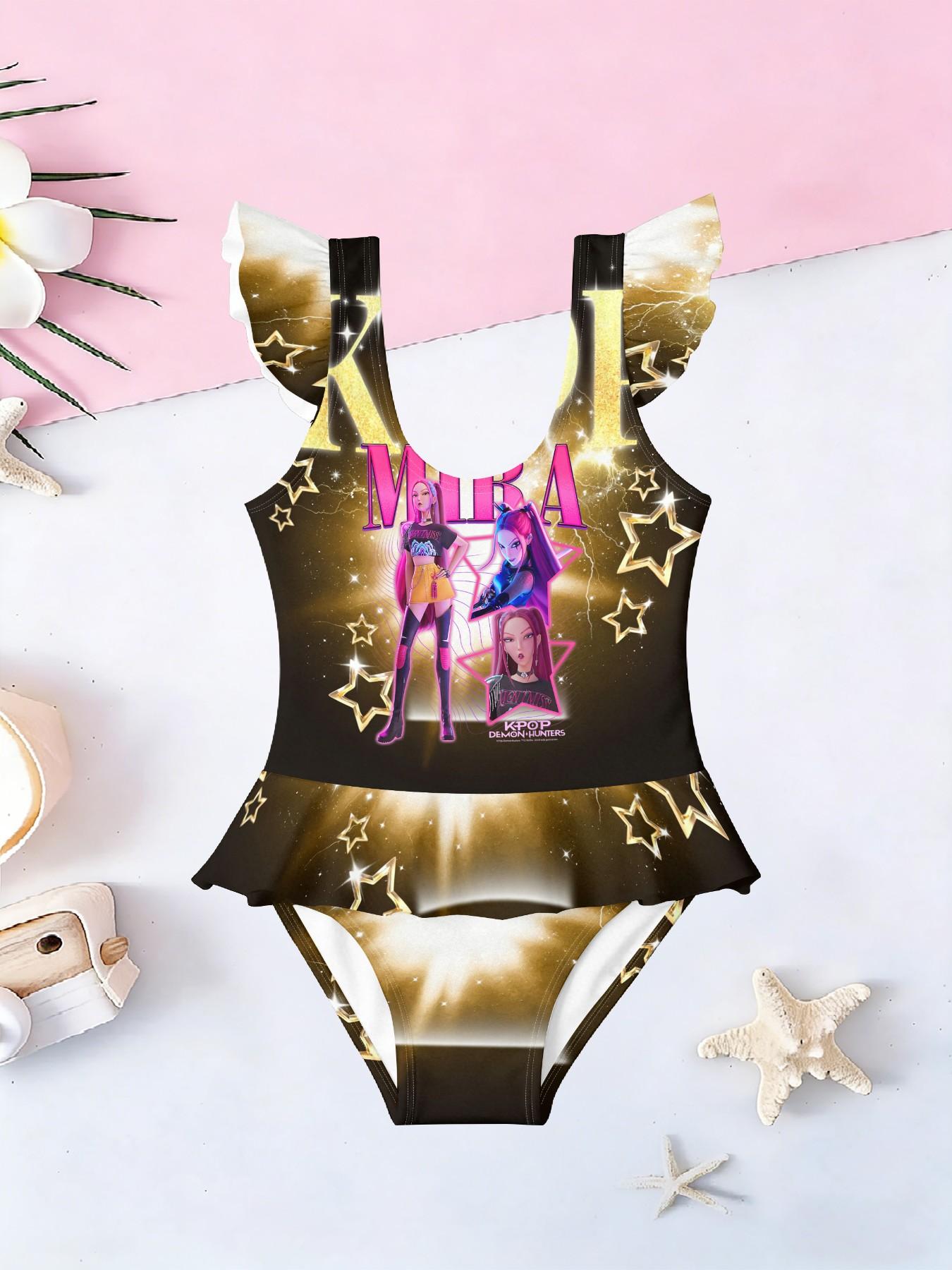 Girls' One-Piece Swimsuit Anime Girl Print, Ruffle Sleeve Quick-Dry Skin-Friendly Swimwear