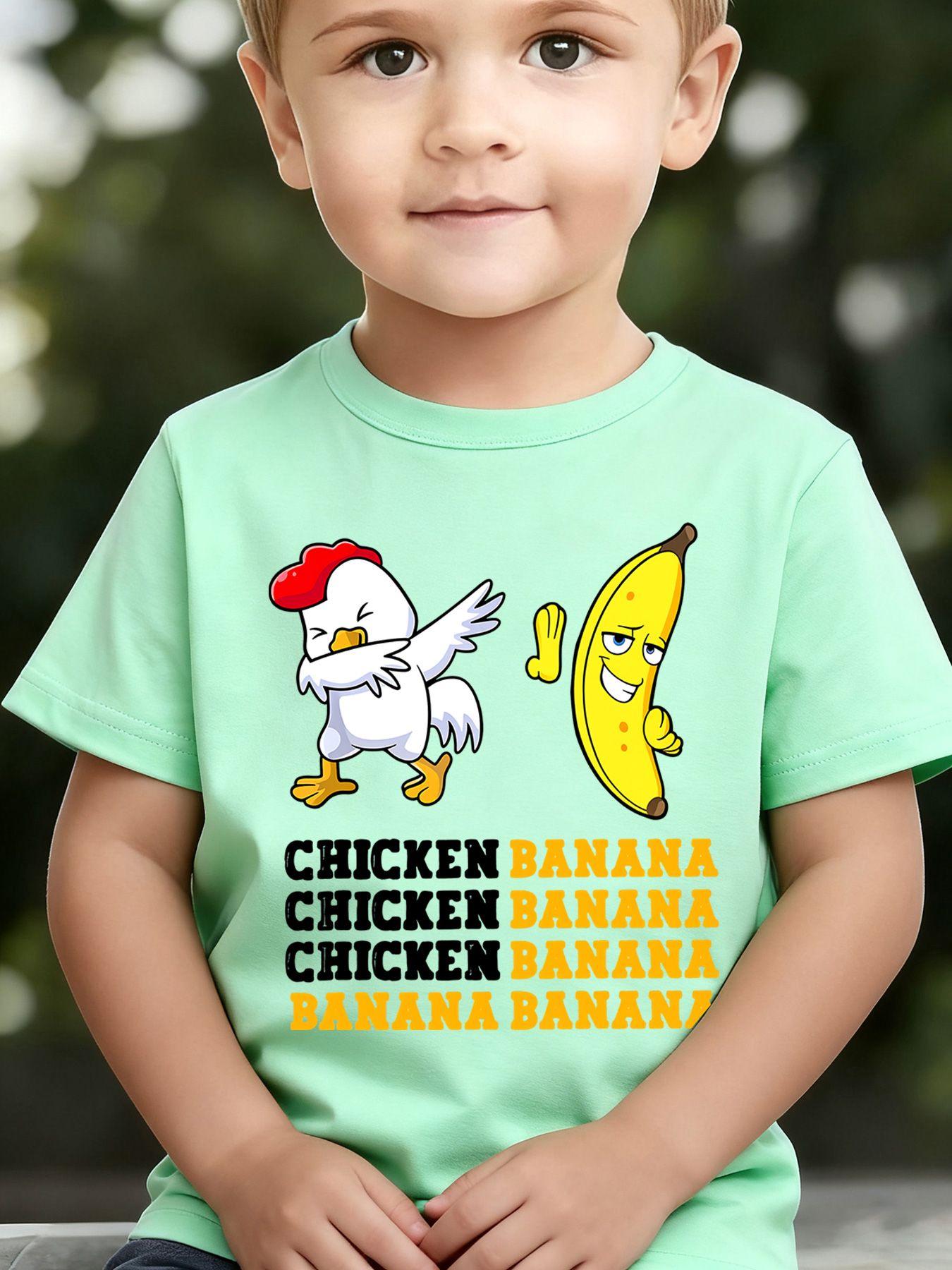 Boys' Summer Breathable & Comfortable "Dancing Chick & Banana" Cartoon Print (3-12Y) Casual Sports T-Shirt