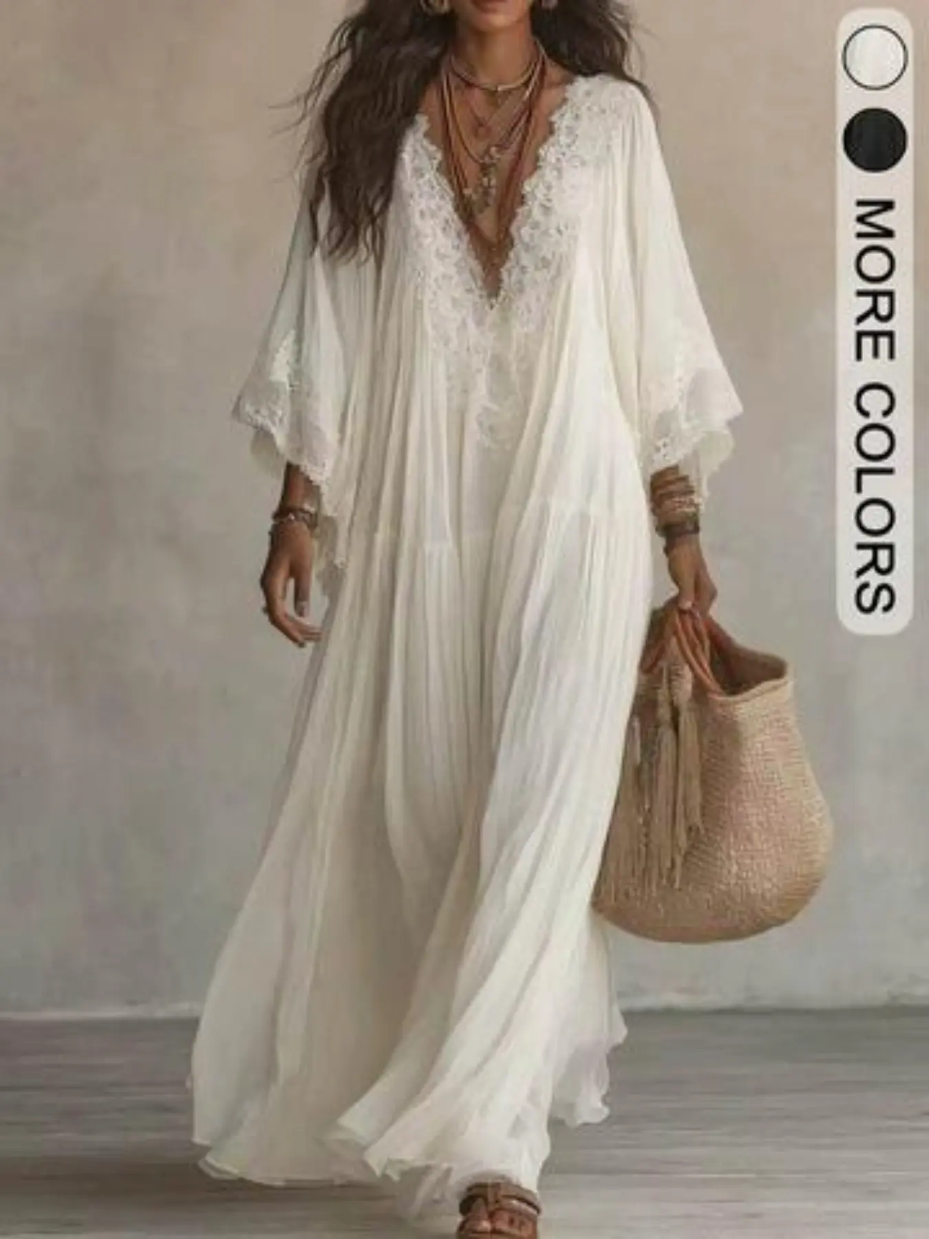 Women's Boho V-Neck Long Dress, Lace Trim Flowy Chiffon Beach Cover-Up, Lightweight Summer Maxi Dress for Women