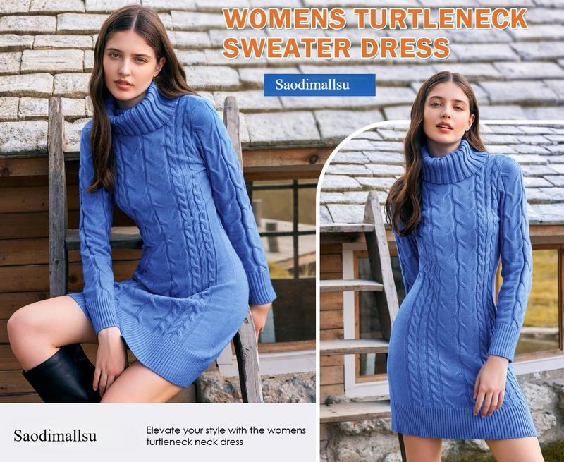 Saodimallsu Womens Cable Knit Sweater Dress Sexy Long Sleeve Bodycon Turtleneck Mini Fall Sweaters Dresses
