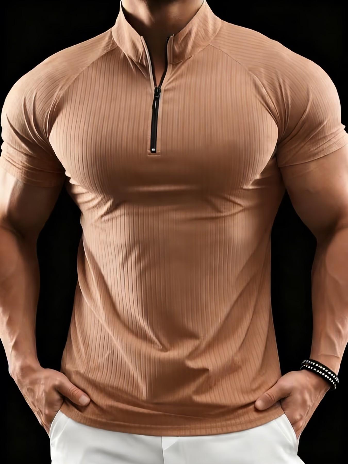 Men's Slim Fit Short Sleeve Quarter Zip Polo Shirt, Quick Dry Breathable Ribbed Sports T-Shirt, Gym Fitness Running Casual Wear