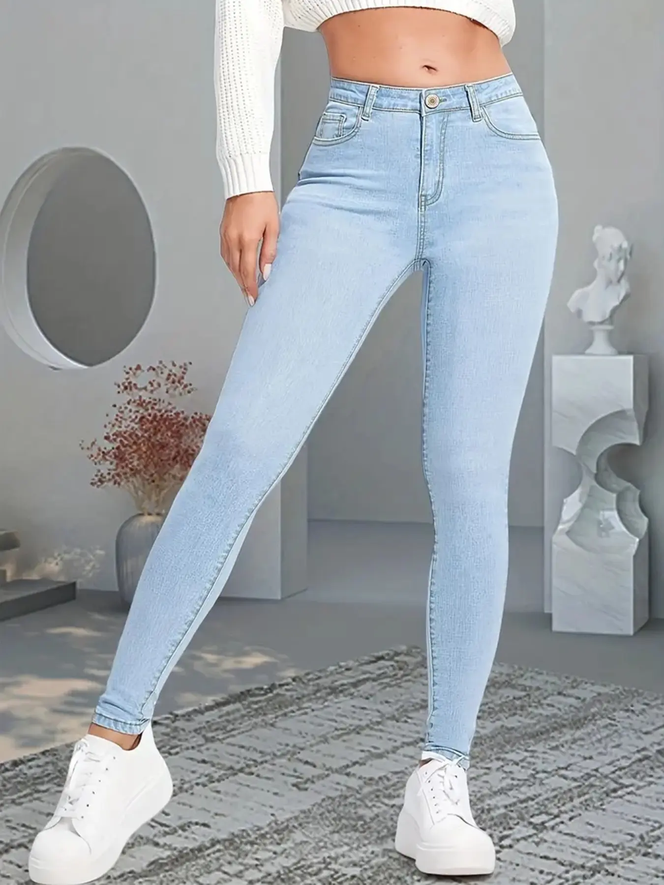Light Blue Washed High Waist Stretch Tight Nine-Inch Jeans for Women, Tummy Control Butt Lifting Peach Bottom Slim Fit Pants, Perfect for Daily Wear
