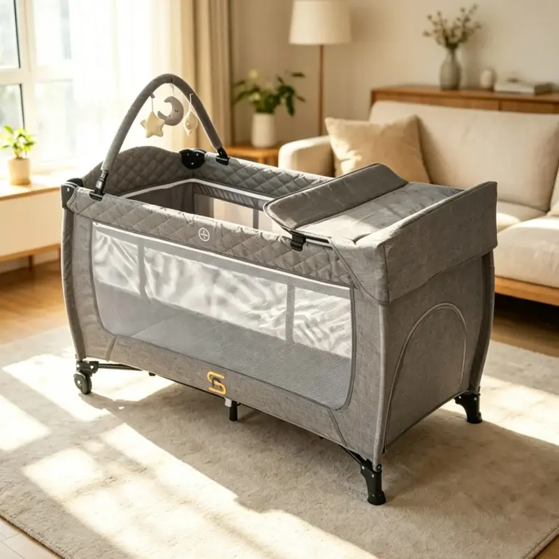 Aobtkel 4-in-1 Carbon Steel Foldable Baby Playard - Portable Crib with Bassinet, Changing Table, Mattress, Lockable Wheels, Storage Pockets, Toy Bar, Carry Bag for Newborns
