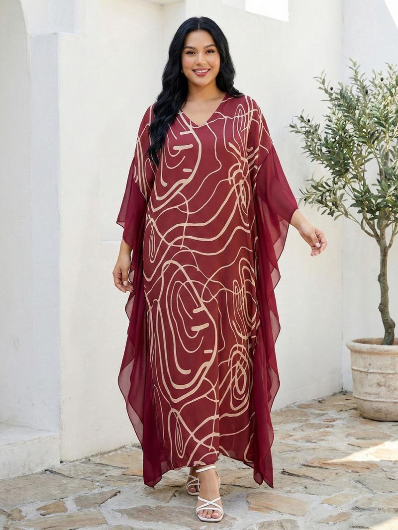 EDOLYNSA Kaftan Dresses for Women printing Moo Moo Dress cozy beach wear vacation Boho Chiffon ruffle edge bathing suit cover up muumuu caftan Boho Casual Kaftan daily wear Q1877