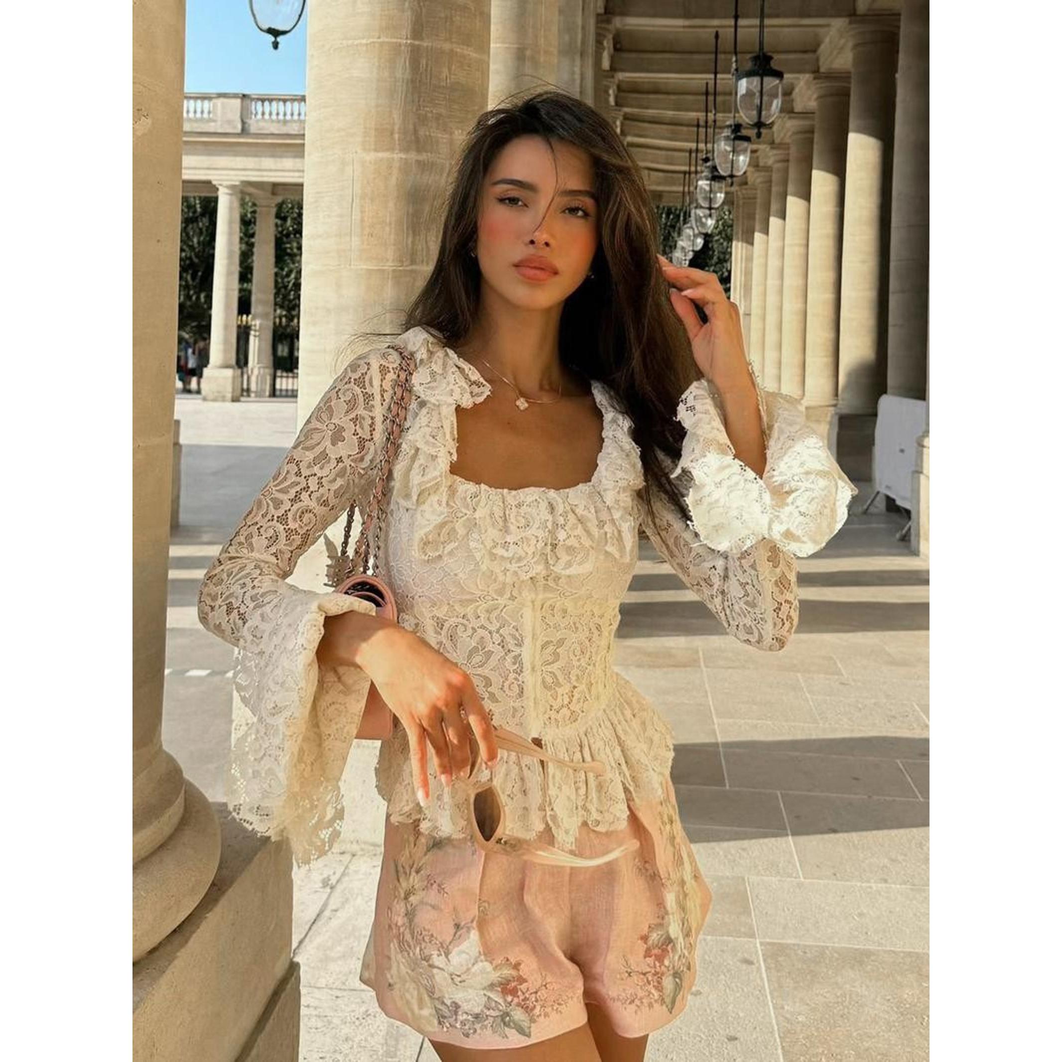 Women's Lace Long Sleeve Top, Elegant Romantic Square Neck Spring Shirt for Daily Wear