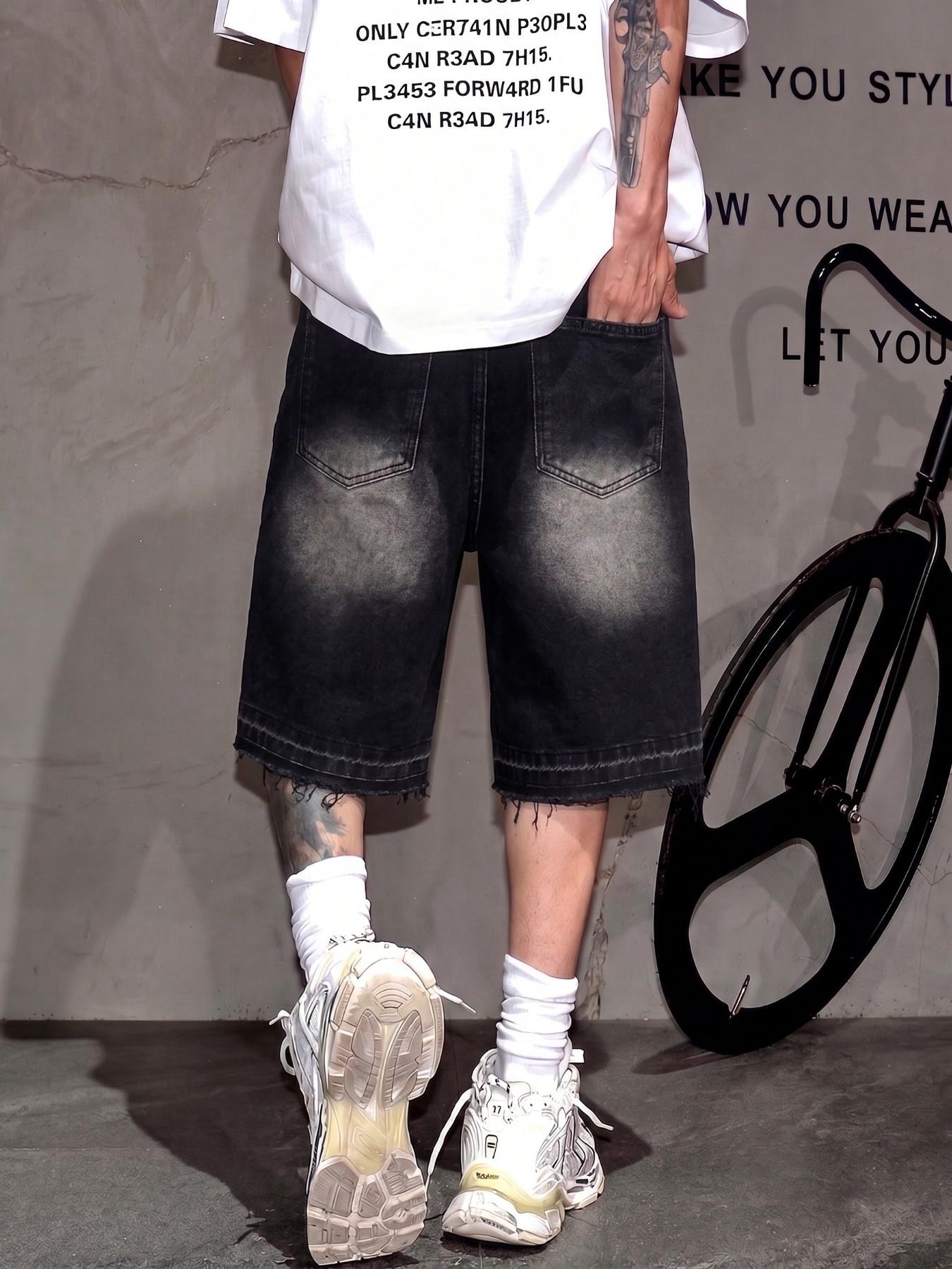 Men's Retro Washed Distressed Denim Jean Shorts, Casual Straight Fit, Vintage Distressed Bleached Design with Frayed Hem, Y2K American Streetwear Denim Shorts