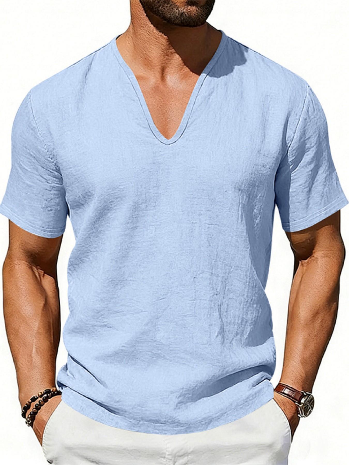 Men's Summer Loose Fit Linen T-Shirt, Breathable Deep V Design, Casual Short Sleeve Top, American Style, Cross-Border Fashion