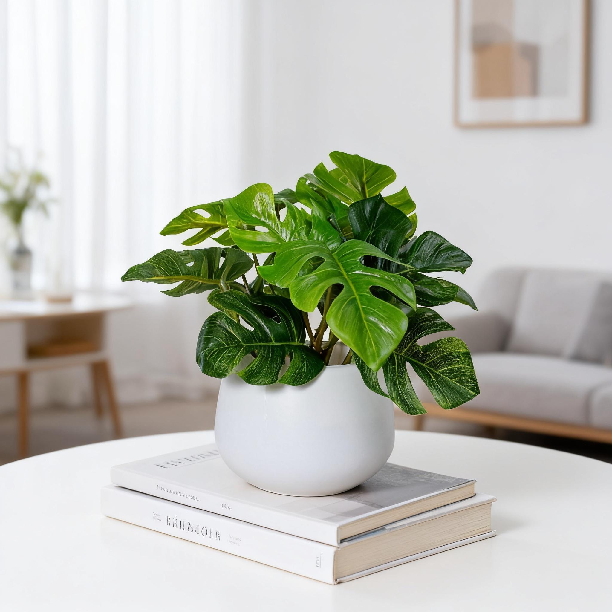 1pc Artificial Monstera Plant in A White Pot, 6-inch Potted Artificial Green Plant, Perfect for Decorating Dining Tables, Home Interiors, and Office Bookshelves. Maintenance-free—no Watering Required.