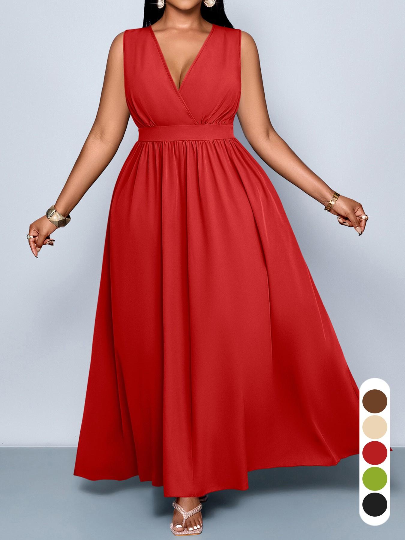 Plus Size Women's Elegant Sexy Casual Sleeveless High Waist A-Line Dress, Spring Summer Plain Color Plus Size V Neck Fitted Dress Womenswear
